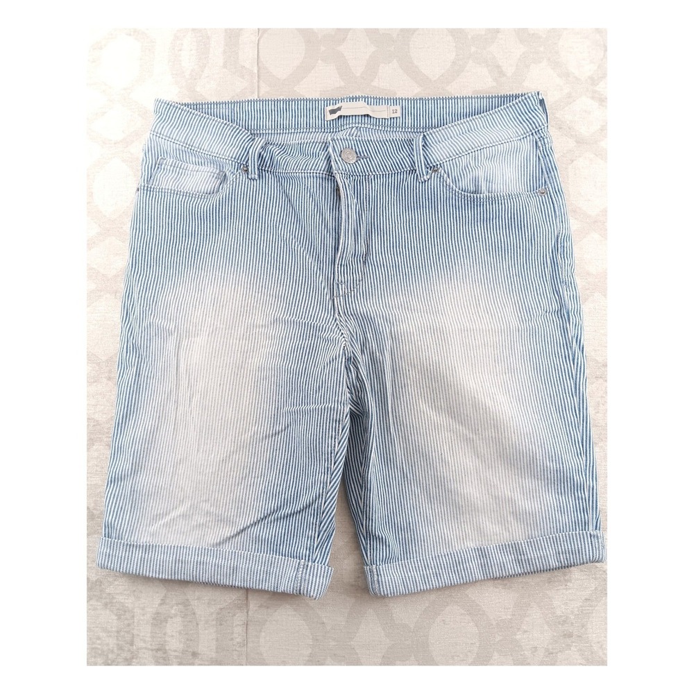 Levi's Women's Striped Denim Bermuda Shorts Size 12 Blue White Cuffed